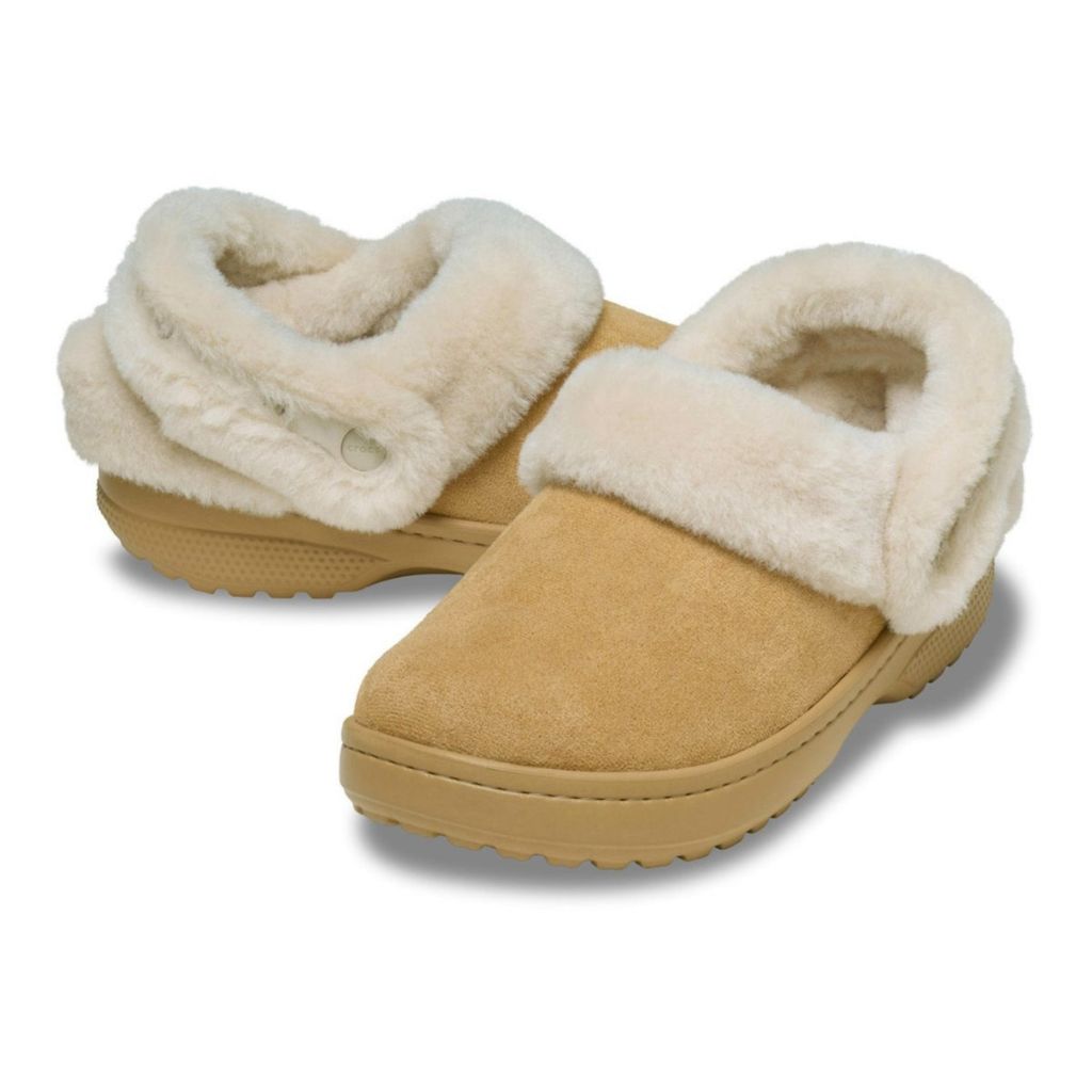 Clog Crocs in finta scamosciata con colletto in ecopelliccia crema e cinturino