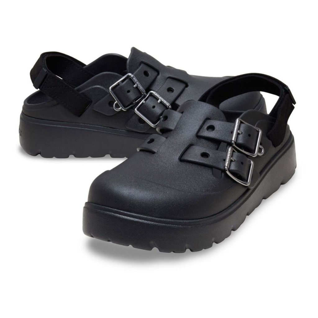Clog Crocs Loaferette nero con suola platform, due fibbie e cinturino posteriore