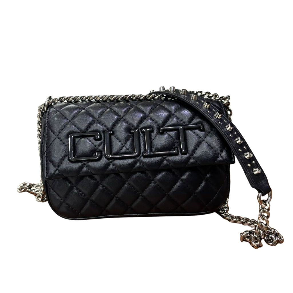 Borsa a tracolla CULT Girlschool nera in ecopelle trapuntata con catena e borchie silver