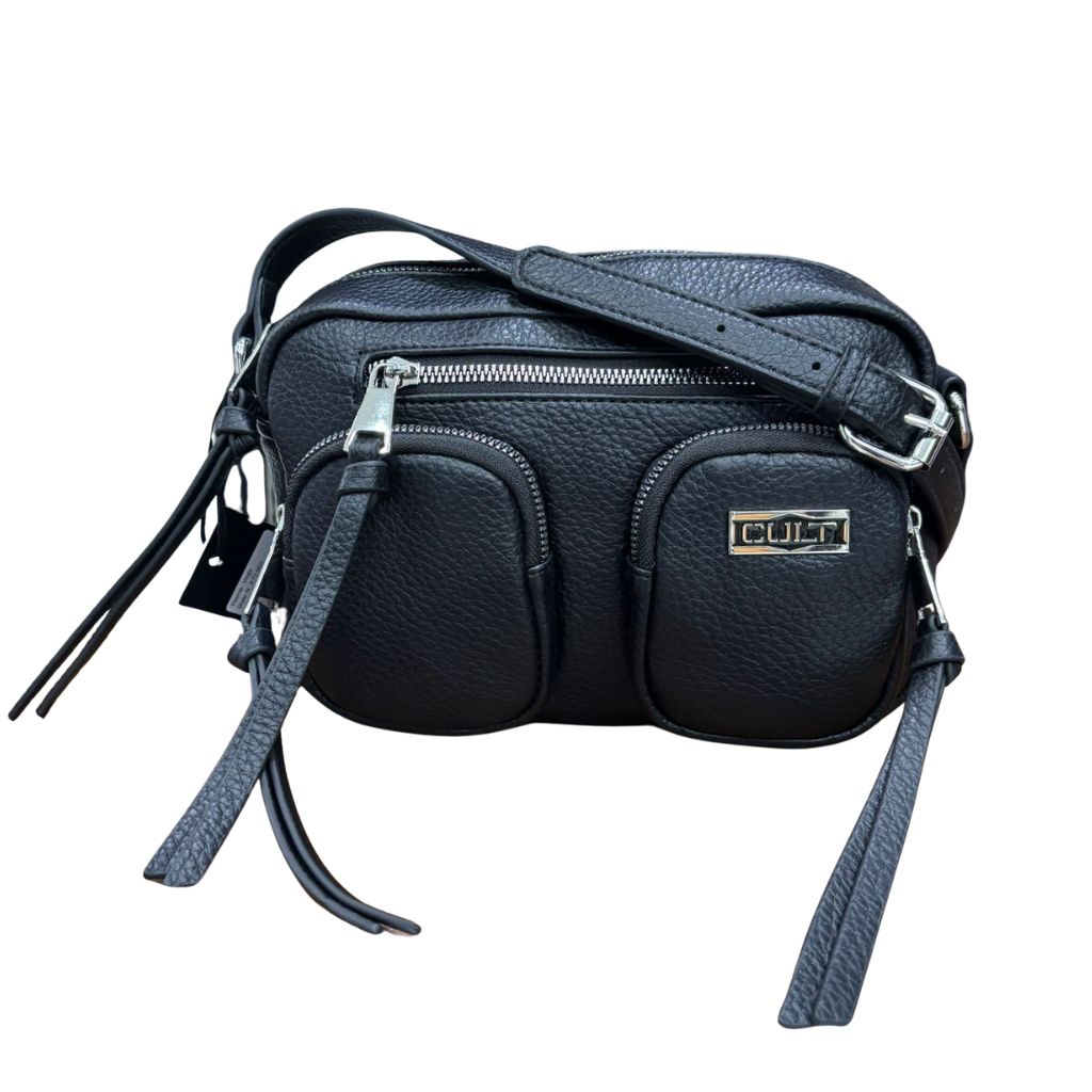 Borsa a tracolla CULT Vega nera in ecopelle bottolata con tasche esterne zip e logo silver