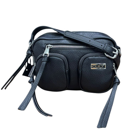 Borsa a tracolla CULT Vega nera in ecopelle bottolata con tasche esterne zip e logo silver