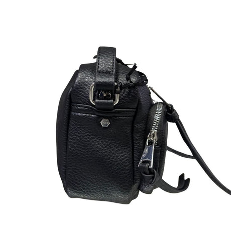 Borsa a tracolla CULT Vega nera in ecopelle bottolata con tasche esterne zip e logo silver