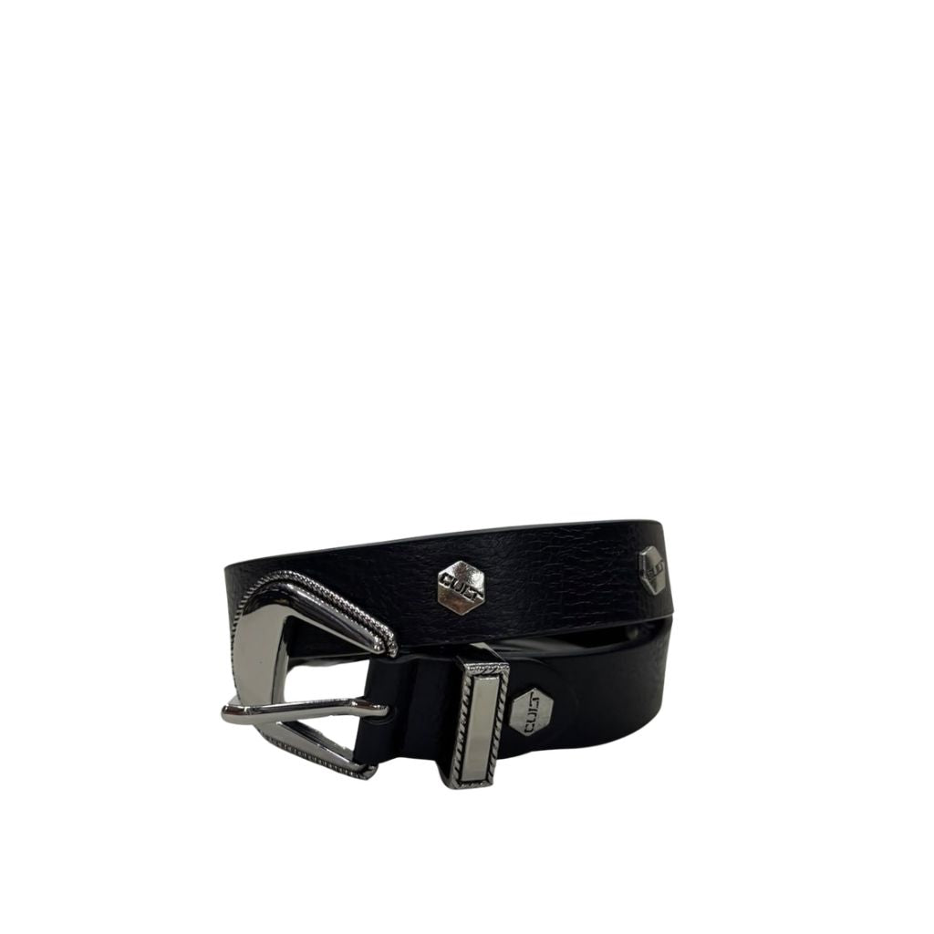 Cintura donna Cult nera in ecopelle con borchie esagonali con logo
