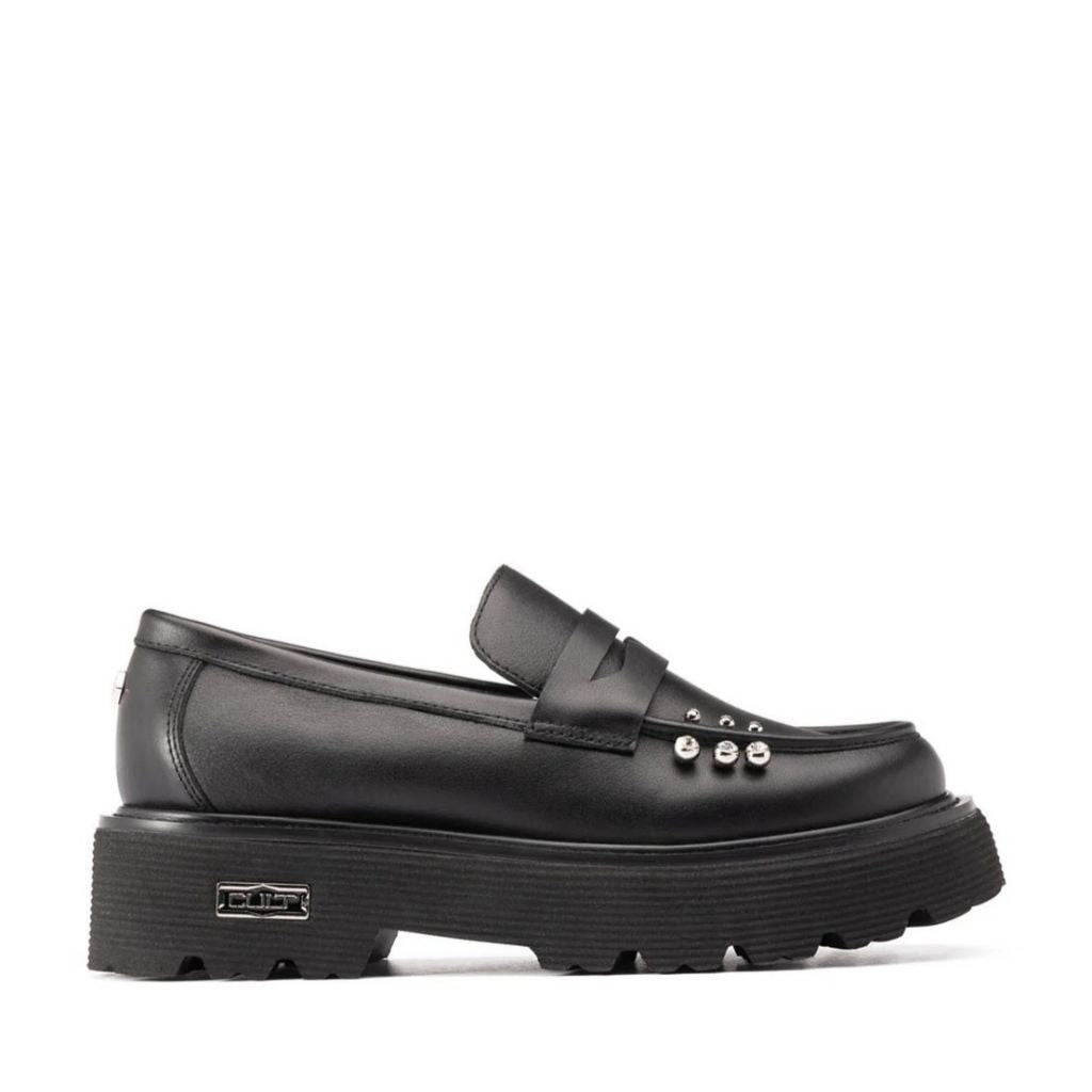 Loafer Cult nero con borchiette strass e suola platform