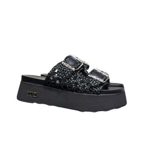 Cult Sandalo Janis 4476 nero con tomaia intrecciata, fibbie silver e suola platform 5 cm