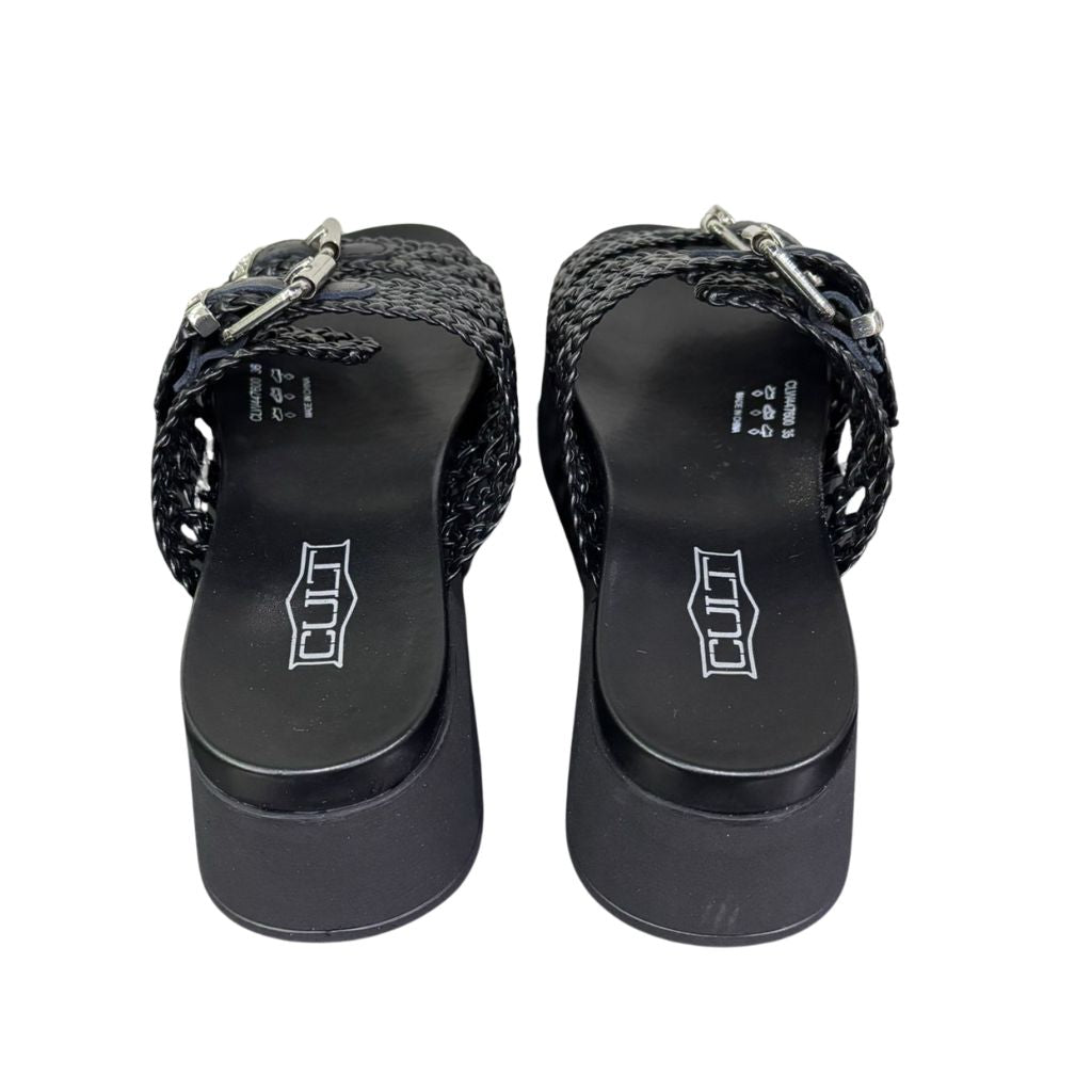 Cult Sandalo Janis 4476 nero con tomaia intrecciata, fibbie silver e suola platform 5 cm