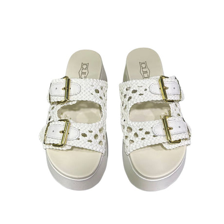Cult Sandalo Janis 4740 bianco con tomaia intrecciata, fibbie gold e suola platform 5 cm