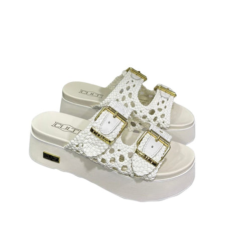 Cult Sandalo Janis 4740 bianco con tomaia intrecciata, fibbie gold e suola platform 5 cm