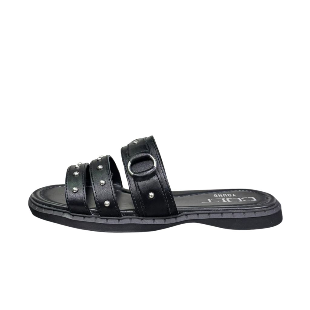 Ciabatta flat donna nera ecopelle tripla fascia borchie argentate 