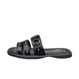 Ciabatta flat donna nera ecopelle tripla fascia borchie argentate 