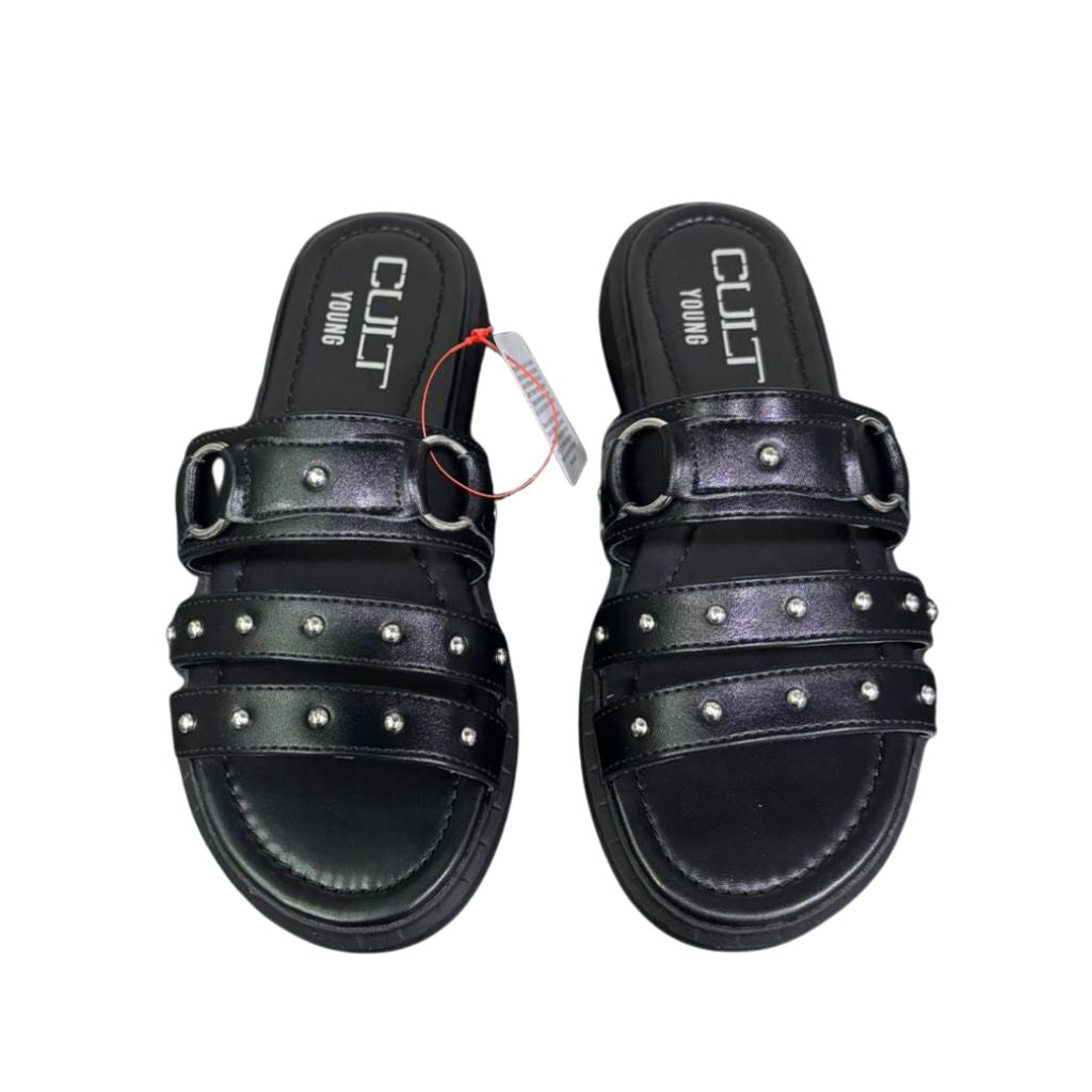 Ciabatta flat donna nera ecopelle tripla fascia borchie argentate 
