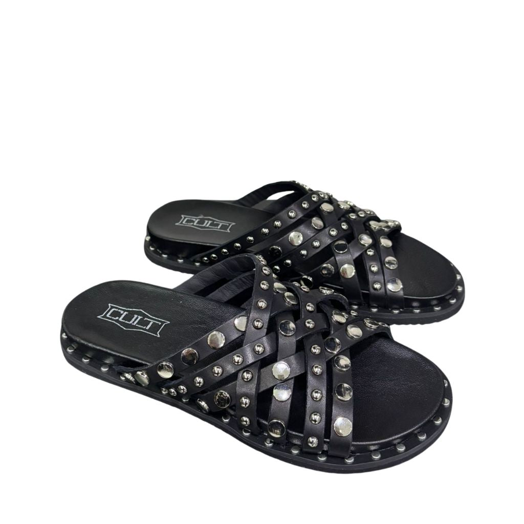 Sandali slide neri Cult con fascette intrecciate e borchie silver.