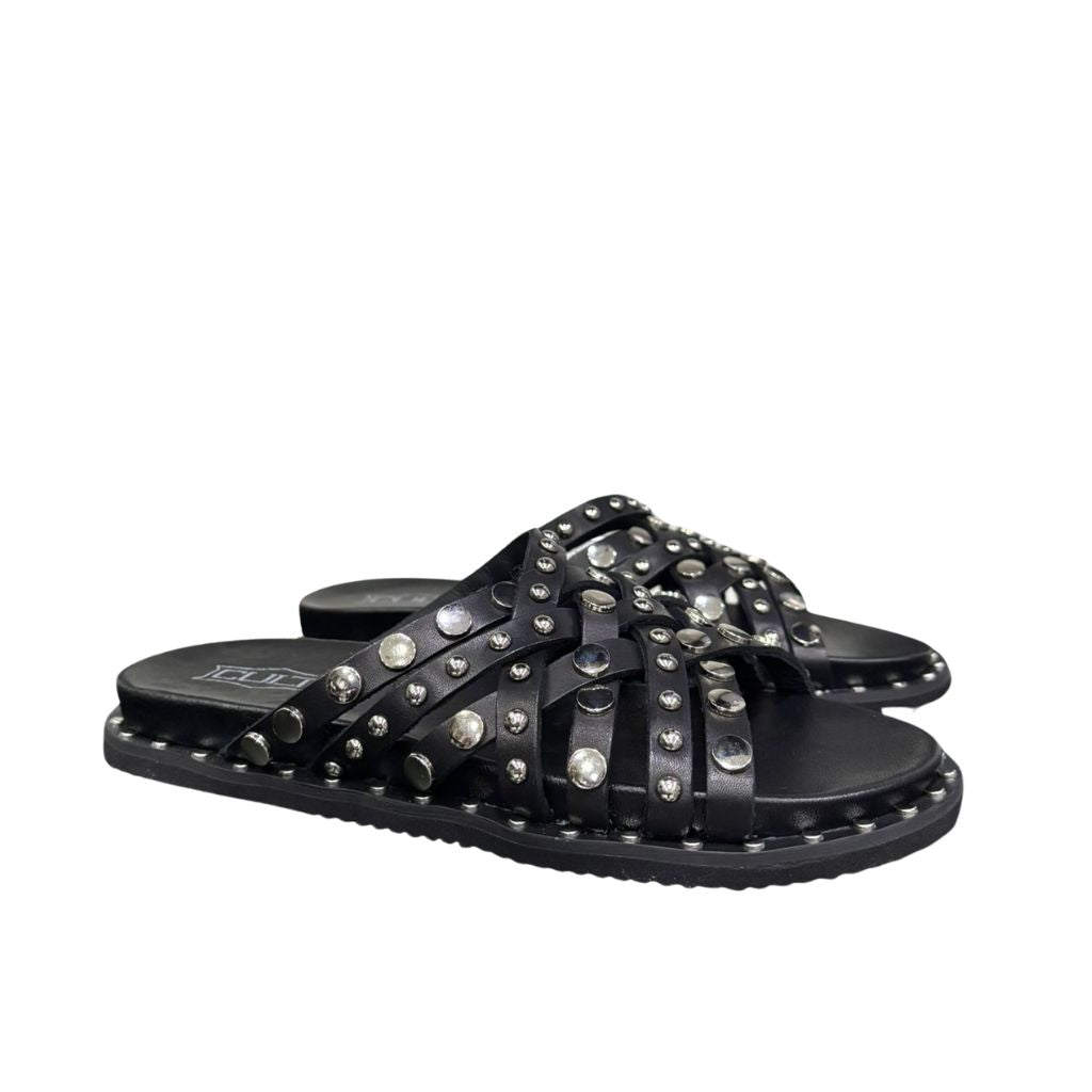 Sandali slide neri Cult con fascette intrecciate e borchie silver