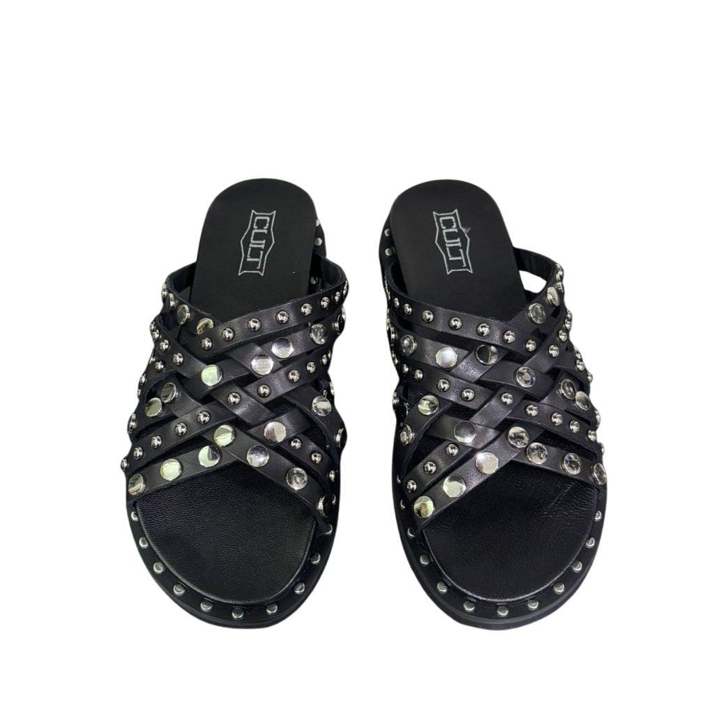 Sandali slide neri Cult con fascette intrecciate e borchie silver