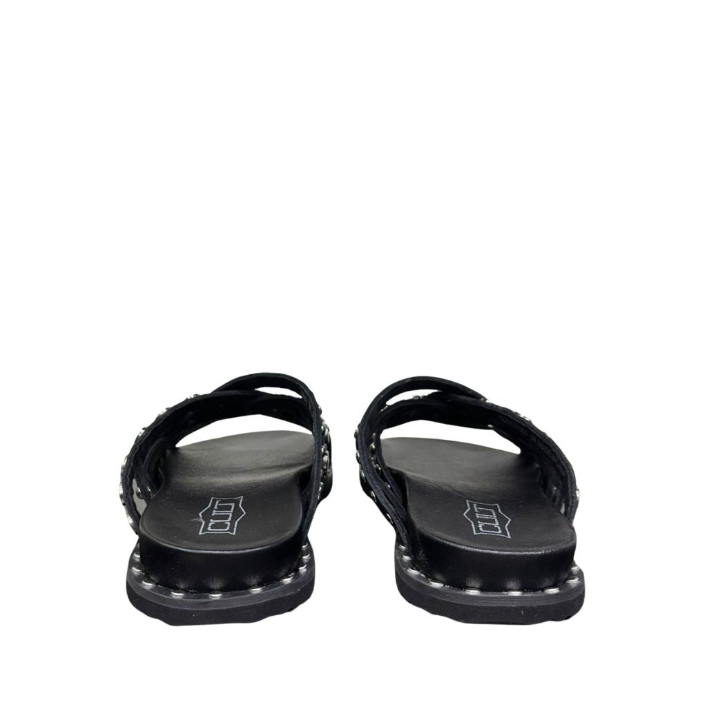 Sandali slide neri Cult con fascette intrecciate e borchie silver