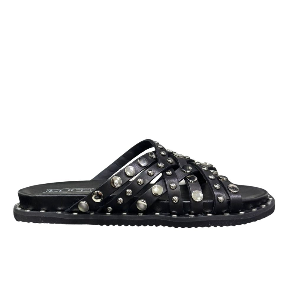 Sandali slide neri Cult con fascette intrecciate e borchie silver