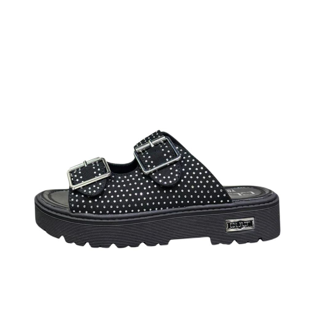 Sandali platform donna neri tessuto micro strass argento