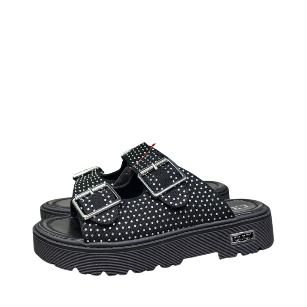 Sandali platform donna neri tessuto micro strass argento