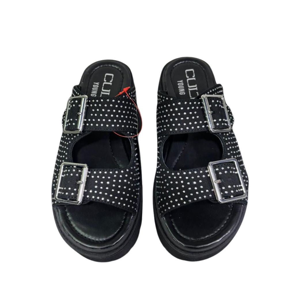 Sandali platform donna neri tessuto micro strass argento