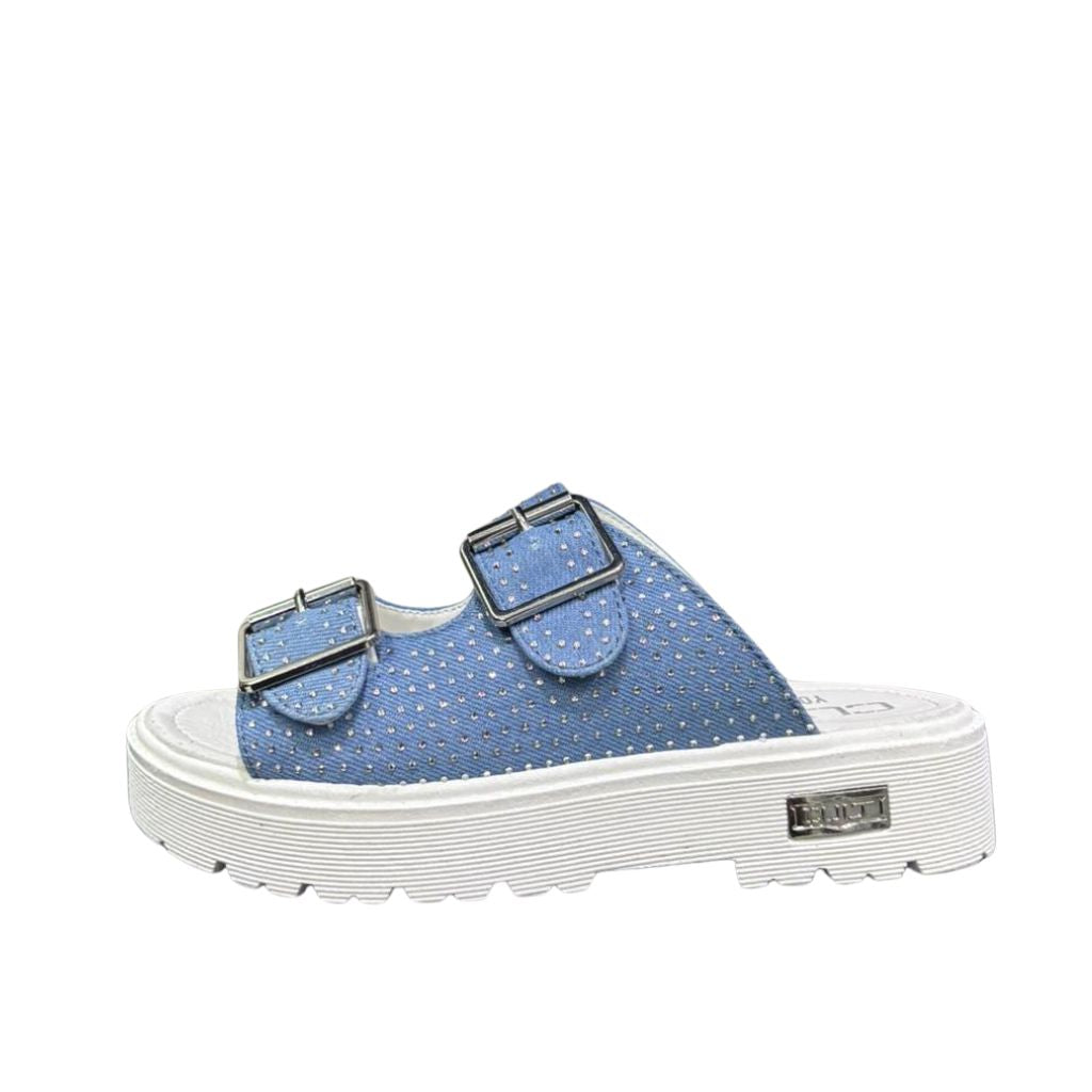 Sandali platform donna denim azzurro micro strass argento
