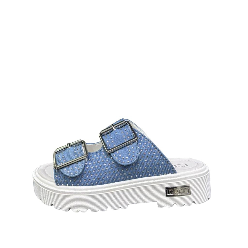 Sandali platform bambina denim azzurro micro strass