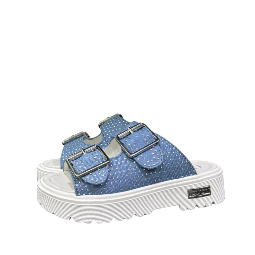 Sandali platform bambina denim azzurro micro strass