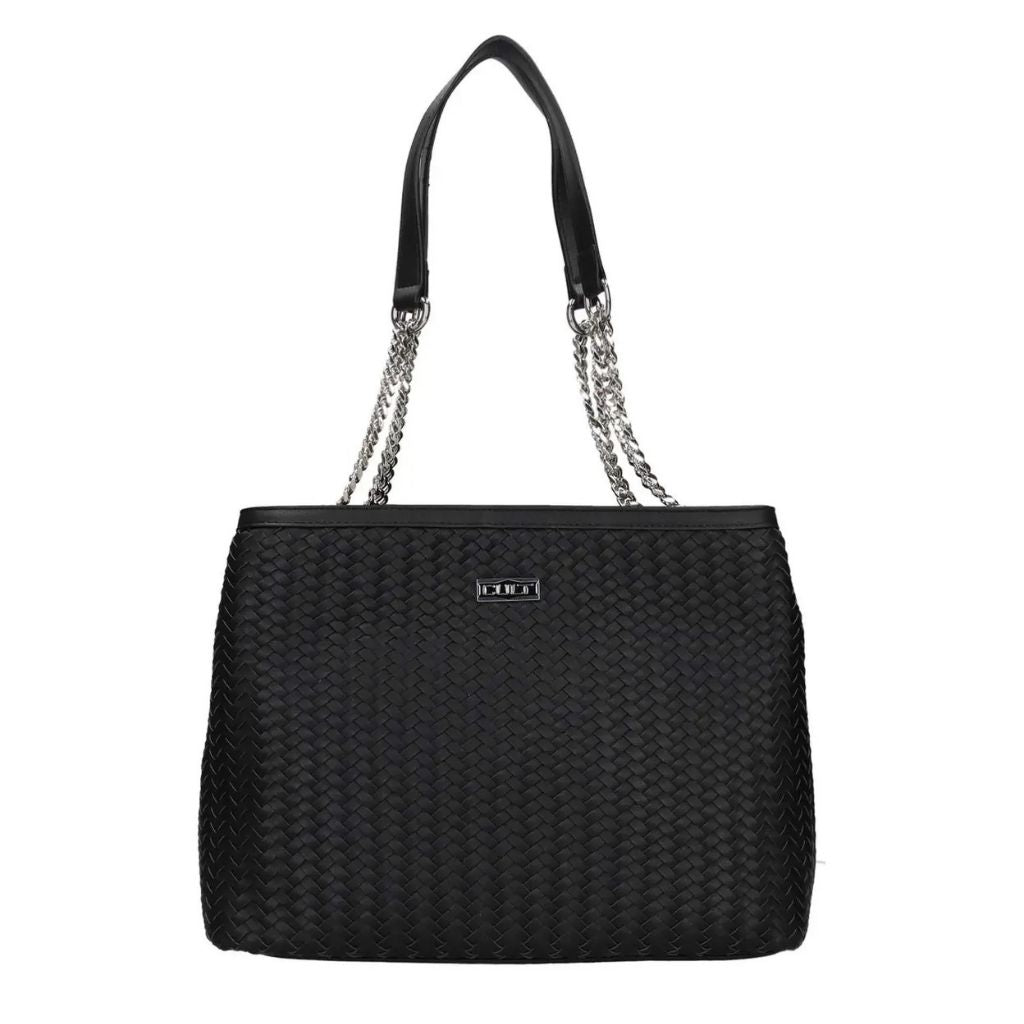 Borsa shopping bag nera a spalla in ecopelle intrecciata