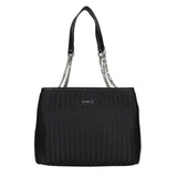 Borsa shopping bag nera a spalla in ecopelle intrecciata