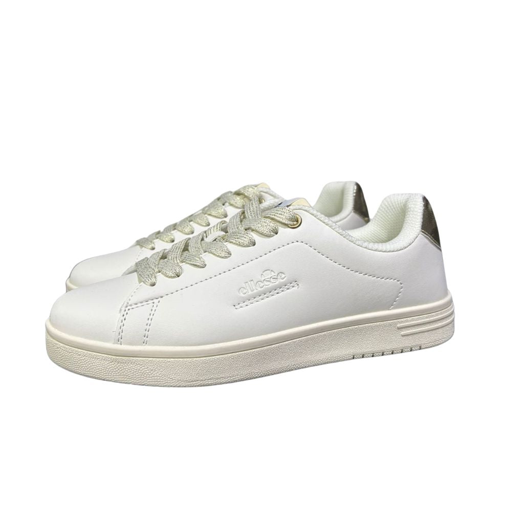 Sneakers bianche da donna Ellesse in pelle con inserti oro  sul tallone, logo laterale.