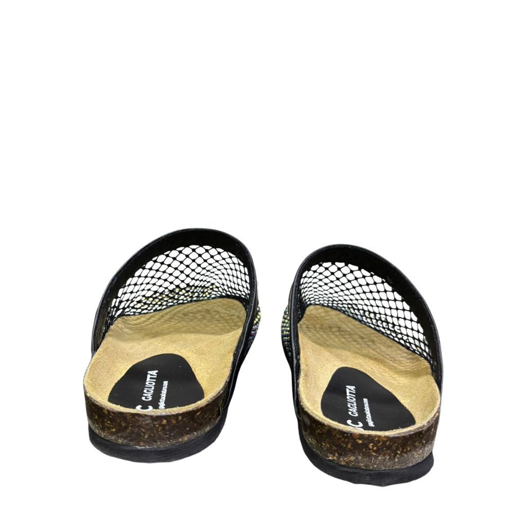 Mule Gagliotta GC in pelle nera con rete glitterata multicolor, suola sughero 3 cm.