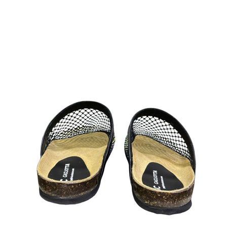 Mule Gagliotta GC in pelle nera con rete glitterata multicolor, suola sughero 3 cm.
