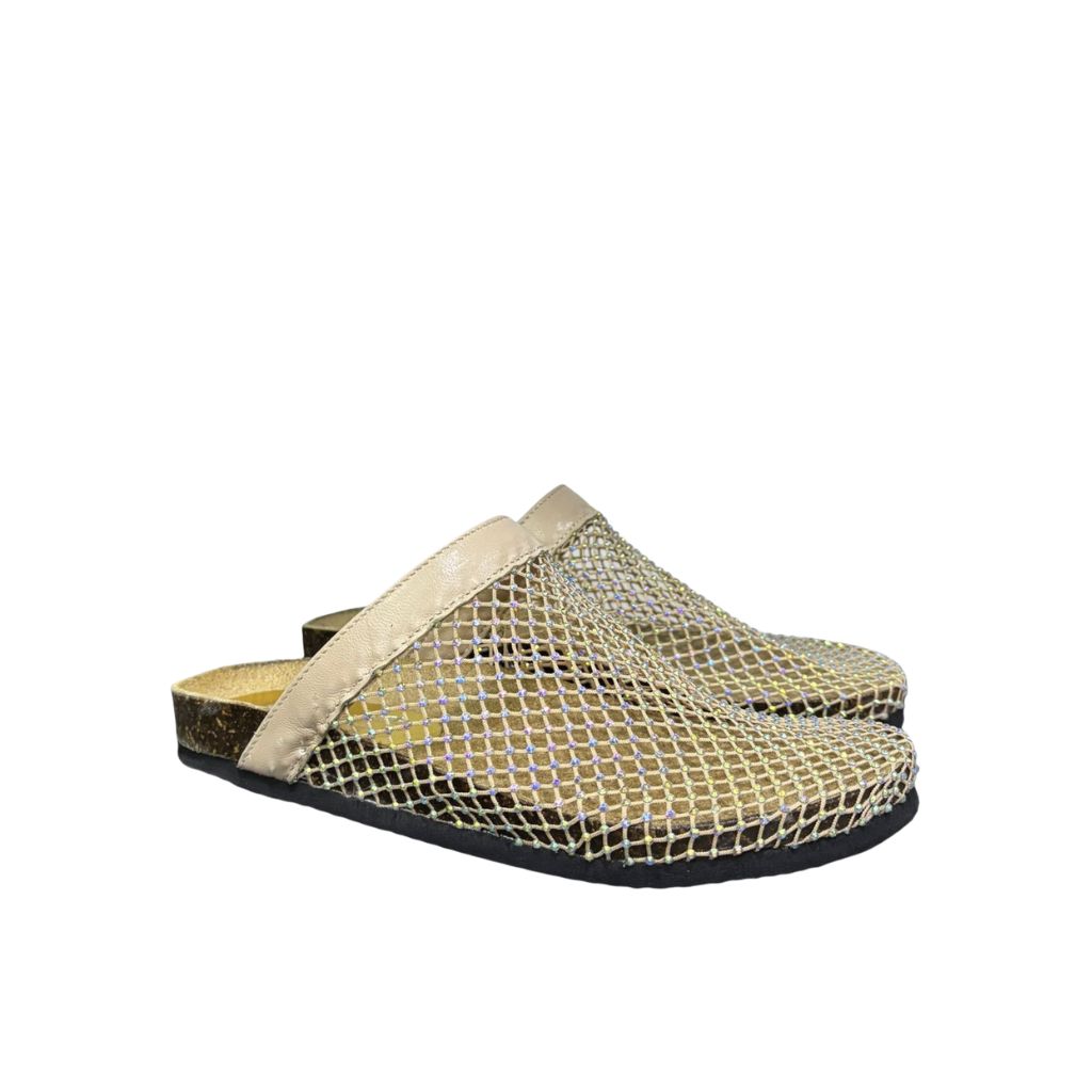 Mule Gagliotta GC in pelle beige con rete glitterata multicolor, suola sughero 3 cm.
