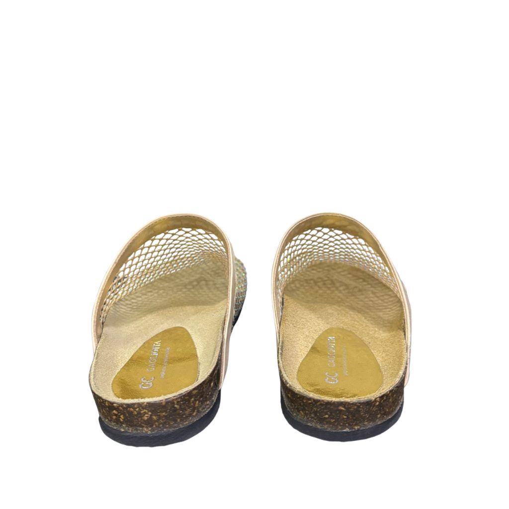 Mule Gagliotta GC in pelle beige con rete glitterata multicolor, suola sughero 3 cm.