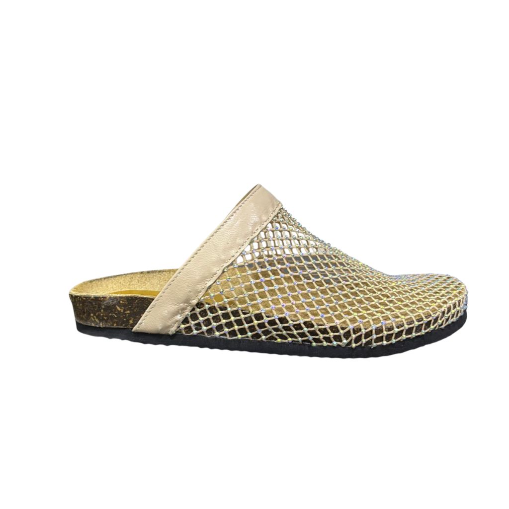 Mule Gagliotta GC in pelle beige con rete glitterata multicolor, suola sughero 3 cm.