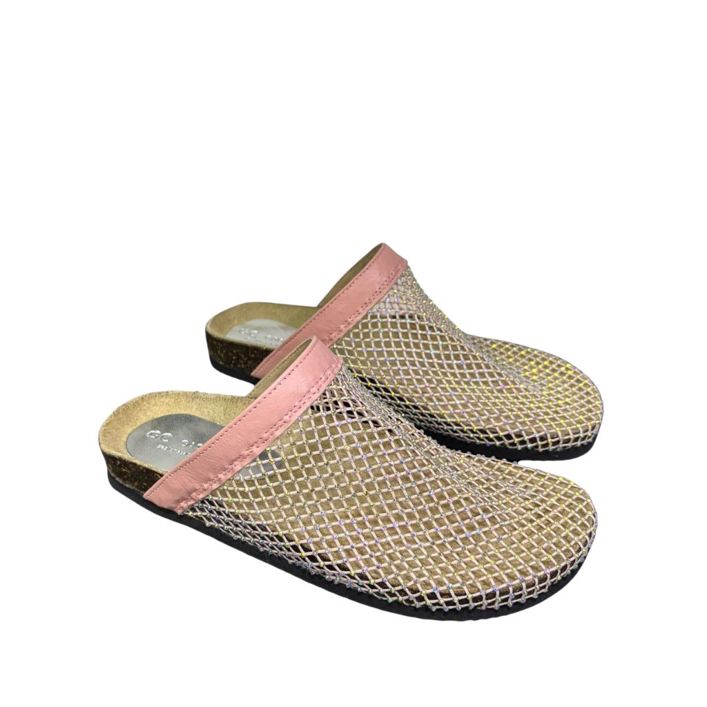 Mule Gagliotta GC in pelle rosa con rete glitterata multicolor, suola sughero.