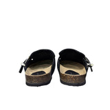 Mule Gagliotta in camoscio nero, ricamo botanico dorato, fascia pelle e maxi fibbia western, suola sughero 3 cm.