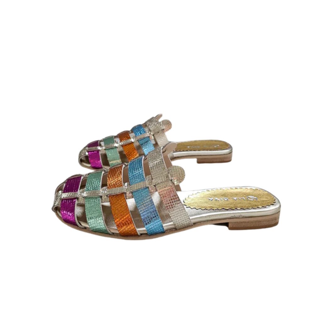 Ciabatta flat Gagliotta in pelle laminata intrecciata multicolor rainbow, sottopiede oro.