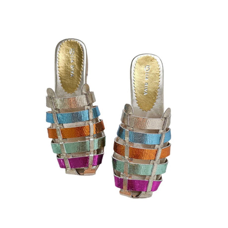 Ciabatta flat Gagliotta in pelle laminata intrecciata multicolor rainbow, sottopiede oro.