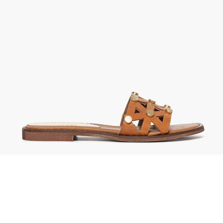 Ciabatta flat Gagliotta in pelle cuoio, fascia geometrica découpage con borchie dorate, tacco 3 cm.