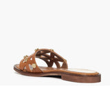 Ciabatta flat Gagliotta in pelle cuoio, fascia geometrica découpage con borchie dorate, tacco 3 cm.