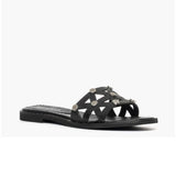 Ciabatta flat Gagliotta in pelle nera, fascia geometrica découpage con borchie argentate, tacco 3 cm.
