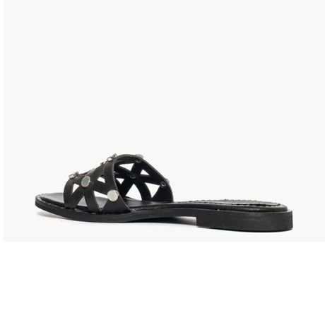 Ciabatta flat Gagliotta in pelle nera, fascia geometrica découpage con borchie argentate, tacco 3 cm.