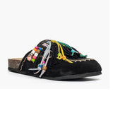 Mule Gagliotta in camoscio nero con frange, perline multicolor e laccetti colorati, suola sughero 4 cm.