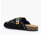 Mule Gagliotta in camoscio nero con frange, perline multicolor e laccetti colorati, suola sughero 4 cm.