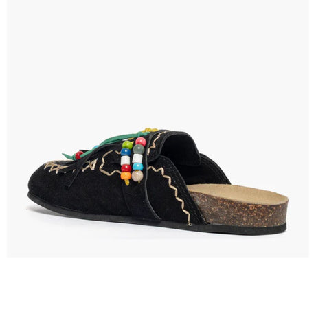Mule Gagliotta in camoscio nero con frange, perline multicolor e laccetti colorati, suola sughero 4 cm.