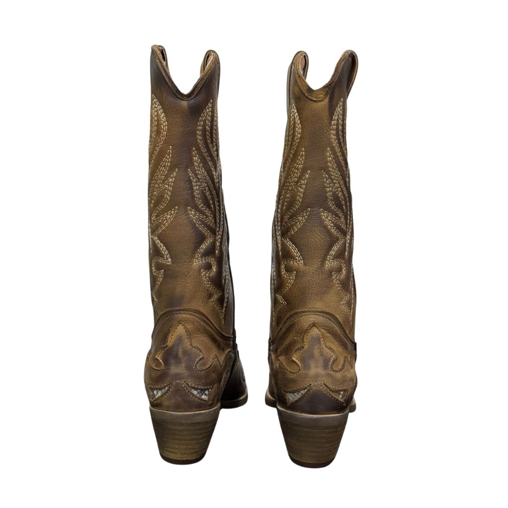 Stivali camperos in pelle cuoio con ricamo dorato