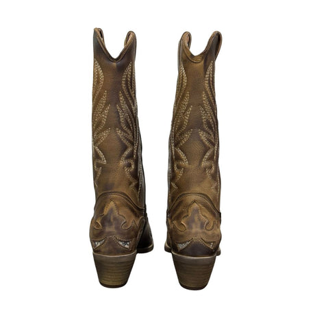 Stivali camperos in pelle cuoio con ricamo dorato