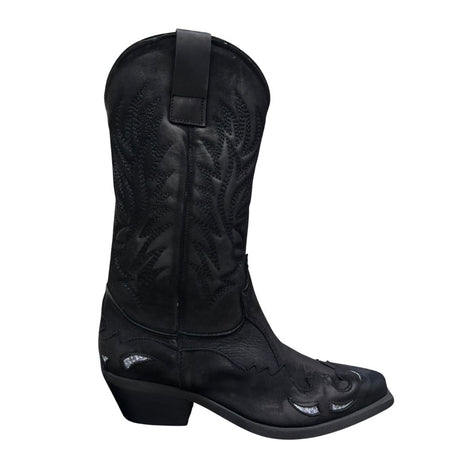 Stivali camperos in pelle nera con ricamo tono su tono e inserti laminati