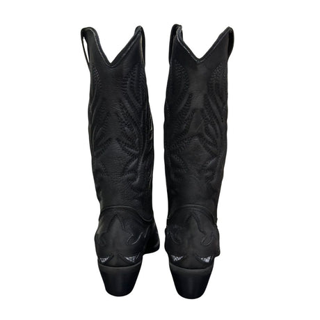 Stivali camperos in pelle nera con ricamo tono su tono e inserti laminati