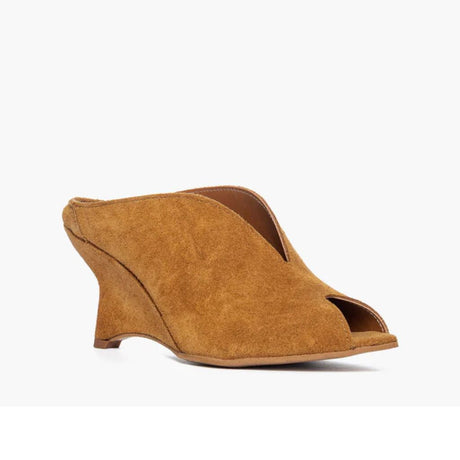 Sabot mule in camoscio cuoio con zeppa concava 8 cm e scollatura a V